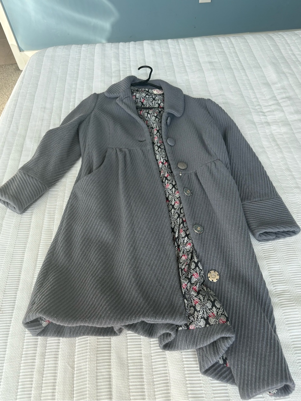 Original Penguin Gray Textured Women's Pea Coat with Floral Lining Accent